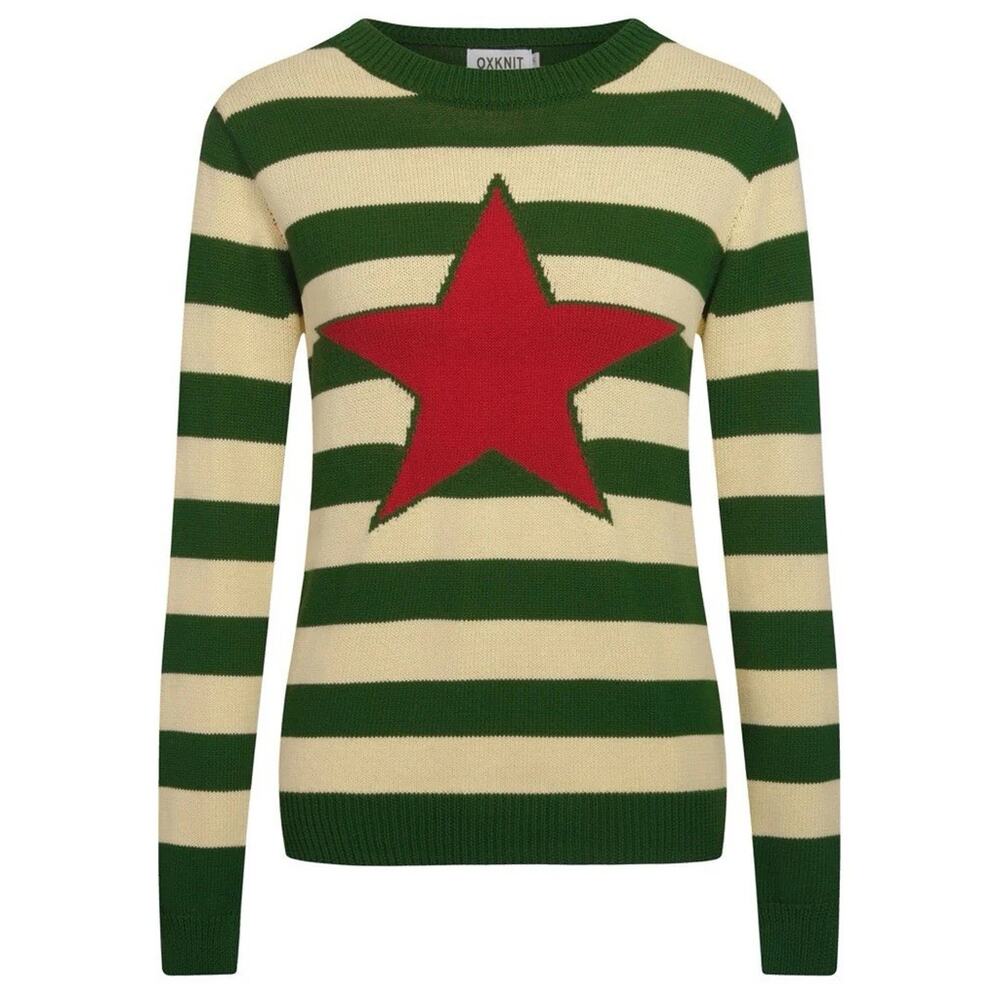 Oxknit Star Stripe Sweater Womens Small Green Cream Red Graphic Knit